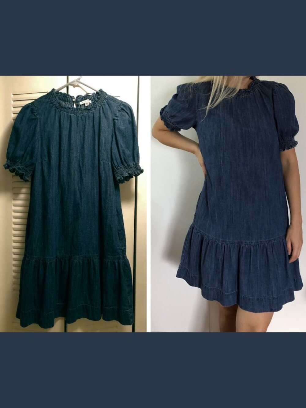 NWOT 100% Cotton Dark Blue Denim Peplum Ruffle Balloon Sleeve Mini Dress Size XS